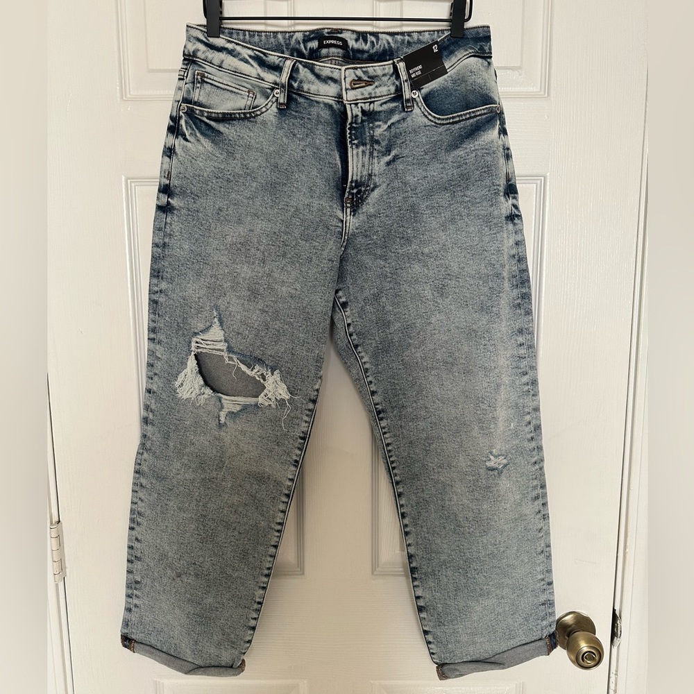 Express Medium Wash Ripped Boyfriend Jeans